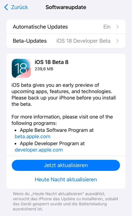 三明苹果手机维修分享苹果 iOS / iPadOS 18 开发者预览版 Beta 8 发布 